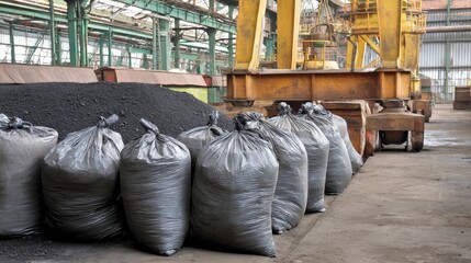 A pile of bags of coal are stacked in a warehouse