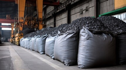 A pile of coal bags are stacked in a warehouse