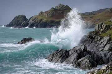 Waves crashing against rocky cliffs along a rugged coastline during a stormy day in a coastal region