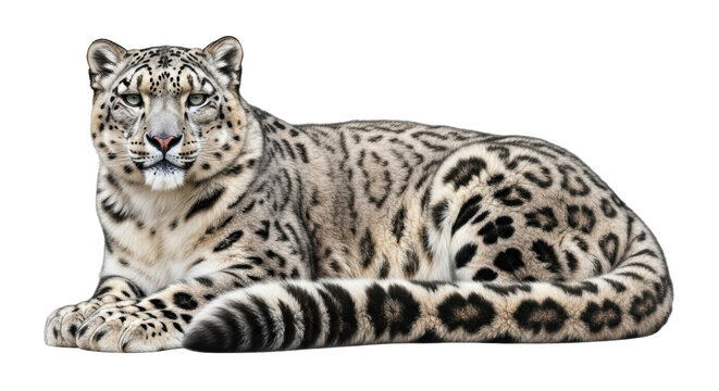 Isolated Snow Leopard Lying Down, Relaxing, and Observing in a Calm Manner with its Tail Curled