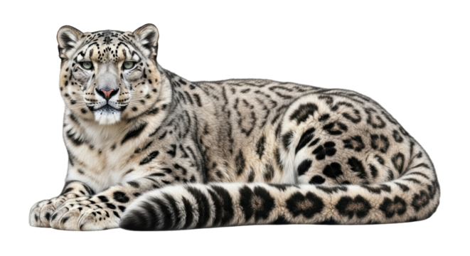 Isolated Snow Leopard Lying Down, Relaxing, and Observing in a Calm Manner with its Tail Curled