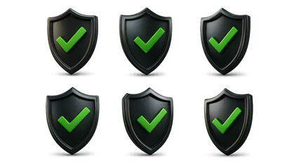 3D Black Shields with Green Check Marks, Different Angles, Transparent Background