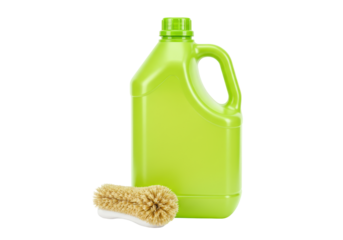 Isolated cleaning supplies bottle and brush for household tidiness, housekeeping and hygiene
