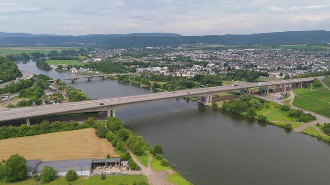 Moselle Viaduct Schweich near Trier, bridge of highway crossing the Mosel river in the valley, german autobahn, aerial view
