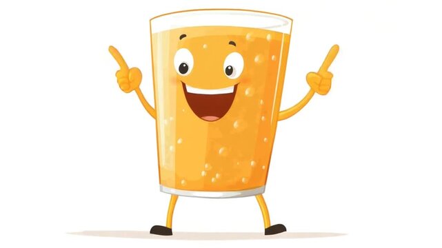 Cheerful cartoon glass of fizzy orange drink with arms, legs, pointing fingers, big smile