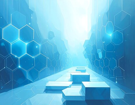A futuristic, light-blue pathway lined with hexagonal patterns and 3D blocks - Powered by Adobe