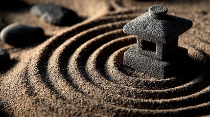 A miniature stone pagoda rests in concentric circles raked into light brown sand, surrounded by dark grey stones