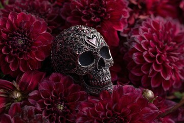 Ornate skull, adorned with intricate details, rests amidst a profusion of deep burgundy dahlias.