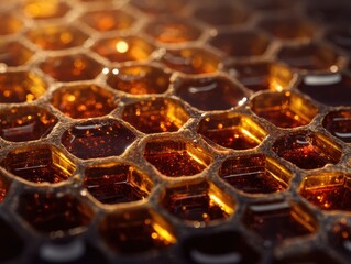 Honeycomb Cells Glowing with Golden Amber Light, Macro Close-up.