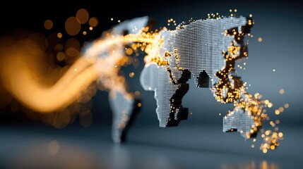 A 3D metallic world map model with glowing orange particles streaming from it against a dark background