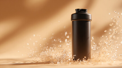 Matte black protein shaker or sports bottle with dramatic water splash, on a warm beige background in studio lighting