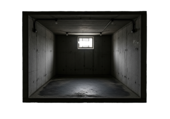 Stark, dark grey concrete room with stained floor, high grimy window, exposed conduit, and bare bulbs, isolated against a brilliant white background, brutalist architecture and minimalist design