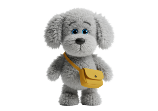 Isolated gray plush dog with yellow shoulder bag standing on its hind legs is adorable