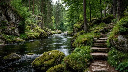 Obraz premium Serene river flows through mossy forest, stone steps lead to tranquil scene