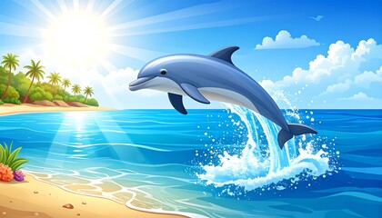 A joyful dolphin leaps gracefully over a vibrant ocean, near a tropical island, bathed in bright sunlight.
