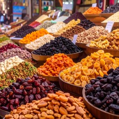 Colorful display of dried fruits and nuts in a market