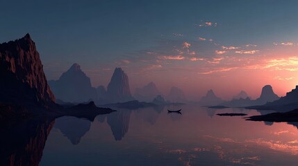 Serene sunset over a still lake, reflected in calm waters, with distant, hazy mountains and a lone boat