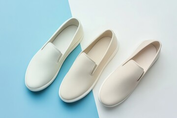 Shoe Mockup flat lay of casual slip-on shoes with neutral colors, clean and professional composition, copy space, background color white, minimalism, stock vector