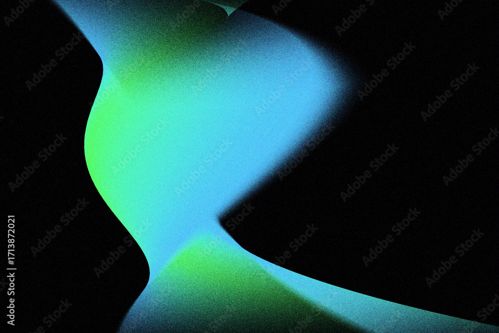 Poster abstract green and blue glowing light wave with grainy texture and motion blur effect on black backg