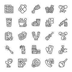Pharmacy vector line icon set. Contains linear outline icons like pill, medicine, line, icon, syringe, drug, prescription, medication, health, antibiotic, vitamin, hospital. Editable use and stroke.
