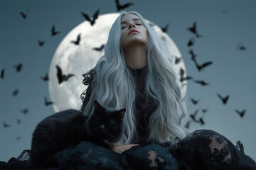 Ethereal Witch with Long Silver Hair and Black Cat Amidst a Full Moon and Flying Bats