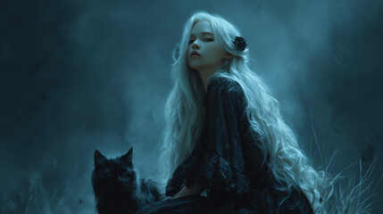 Fototapeta premium Ethereal Witch with Long Silver Hair and Black Cat in Mysterious Dark Setting