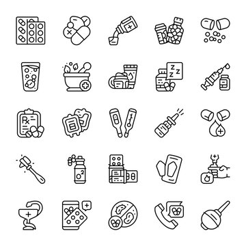 Pharmacy vector line icon set. Contains linear outline icons like pill, medicine, line, icon, syringe, drug, prescription, medication, health, antibiotic, vitamin, hospital. Editable use and stroke.
