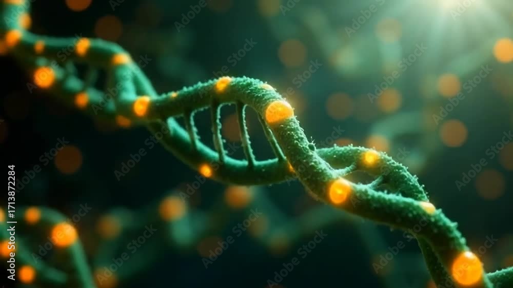 Poster the video is a visualization of the dna structure. the double helix has a green hue and a textured s