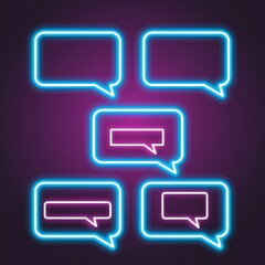 Colorful neon speech bubbles glowing in blue and pink with a dark background, perfect for communication themes.