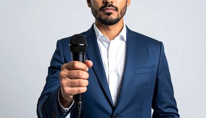 Naklejka premium Close-up of a Man in a Navy Suit Holding a Microphone, Studio Lighting