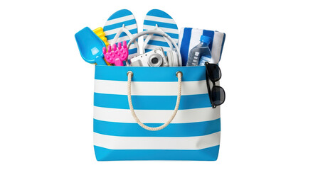 Isolated beach bag with summer accessories like flip flops and sunglasses, vacation time