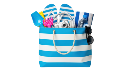 Isolated beach bag with summer accessories like flip flops and sunglasses, vacation time