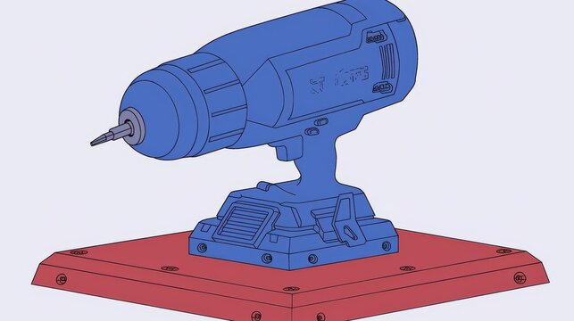 A stylized, blue power drill rests on a red work surface, emphasizing a modern and creative design.