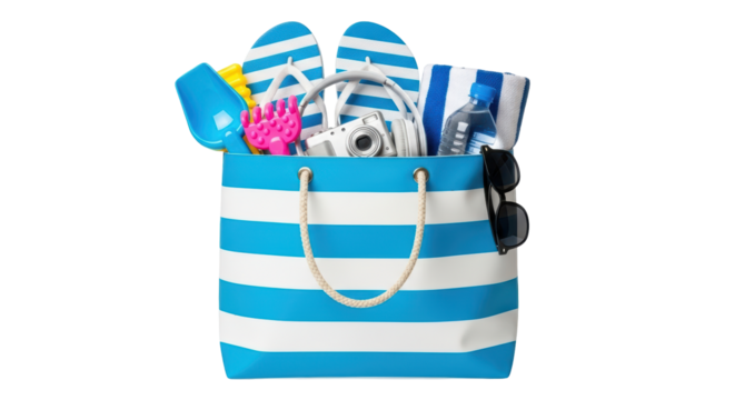 Isolated beach bag with summer accessories like flip flops and sunglasses, vacation time