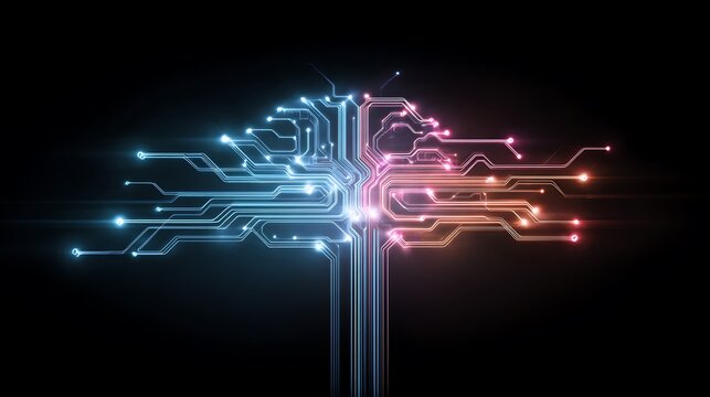 Business Process Mind Map Abstract Glowing Flowchart Central Hub Transforming Into Multiple Neon Paths Efficiency Workflow Futuristic - Powered by Adobe