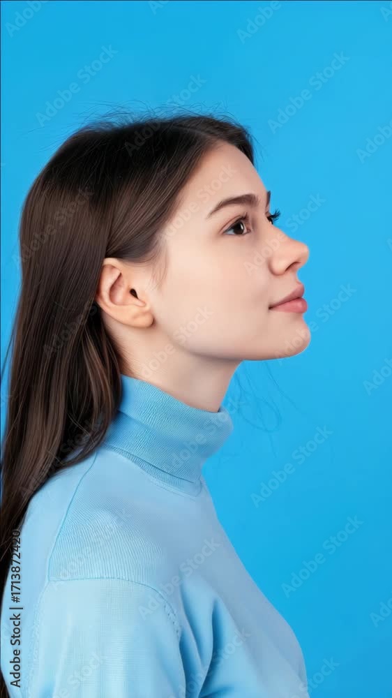 Poster female model posing against a clean, minimalist background for a high resolution studio shot. simple