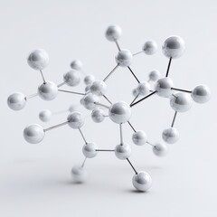 Interconnected Pearlescent Spheres Forming a Complex Molecular Structure on a Minimalist White Background.