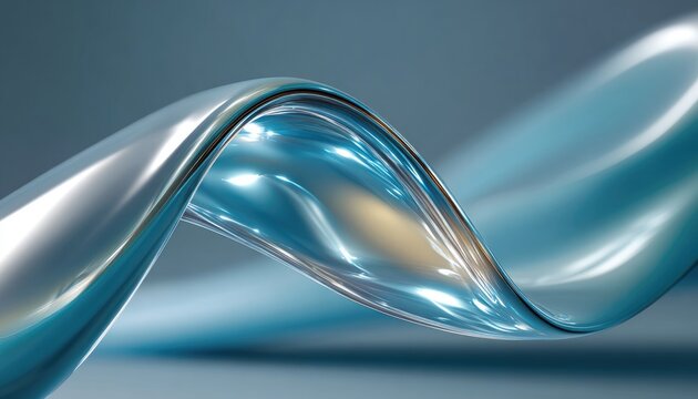 Abstract flowing metallic teal ribbon, curving and reflecting light on a muted blue background