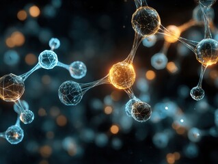 Intricate 3D Molecular Network with Luminous Orange Core and Blue Connections.