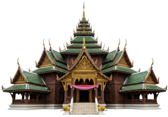Naklejka premium Isolated Thai wooden temple architecture, richly decorated and with green tiled roofs