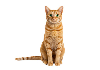 Obraz premium Isolated ginger tabby cat sitting upright in front view, looking at camera patiently
