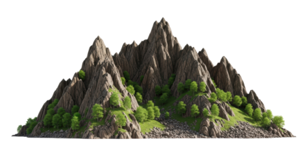 Isolated mountainous landscape featuring sharp rocky peaks, green grass, and small trees