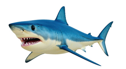 Isolated Great White Shark swimming aggressively, a menacing predator of the ocean depths