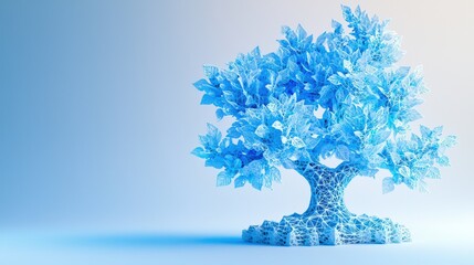 Obraz premium 3D blue fractal tree with intricate branches and leaves: An intricate 3D fractal tree design, glowing with soft blue light, with detailed branching patterns and geometric leaves, set against a