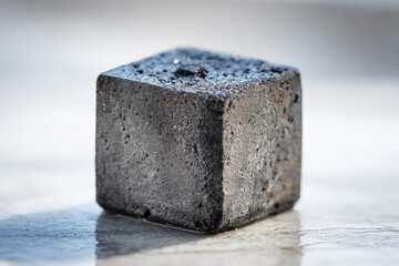 Close-up of a dark gray, cube-shaped object with a rough, porous texture, sitting on a reflective surface