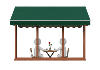 Isolated romantic restaurant with rose, awning, simple people having a meal together