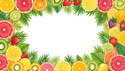 Vibrant watercolor fruit frame with citrus slices, kiwi, strawberries, and tropical palm leaves