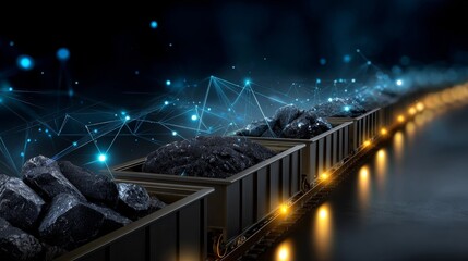 A train with a bunch of black rocks on it