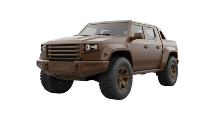 Isolated tough brown off-road pickup truck with massive tires and reinforced front bumper © Elowen