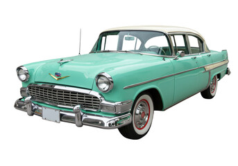 Isolated 1950s classic car in mint green with cream roof, vehicle with shiny chrome trim